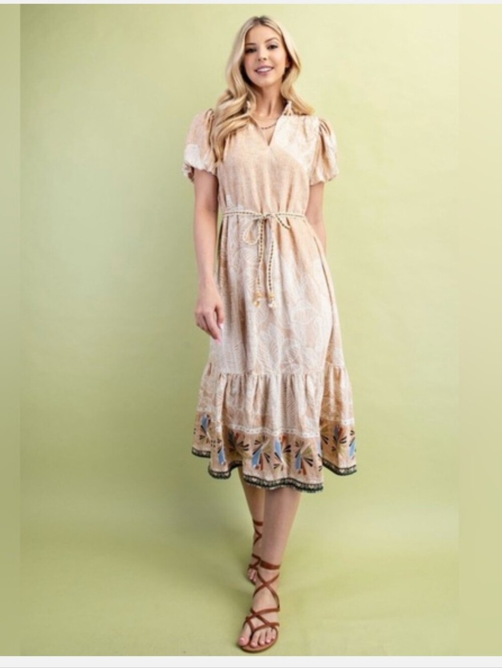 GIGIO Bohemian Cream Midi Dress with Flowered Hem Sz M - Picture 3 of 17